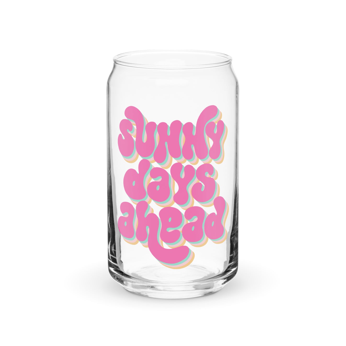 Sunny Days Ahead glass cup with bright lettering on a clear 16 oz glass, perfect for iced coffee, mocktails, or cold drinks. This cheerful and uplifting drinkware adds a sunny, feel-good vibe to your everyday sipping routine.