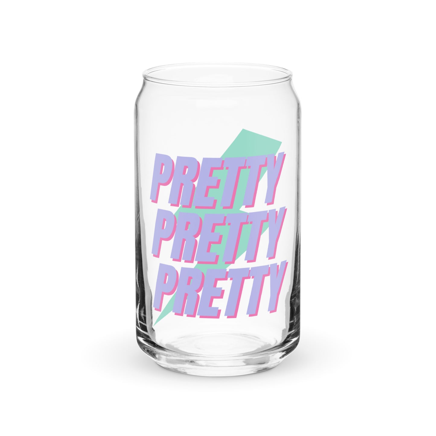 Pretty Pretty Pretty glass cup with playful pink lettering on clear glass, styled for iced coffee, mocktails, or cold beverages—perfect for cheerful, aesthetic drinkware lovers.