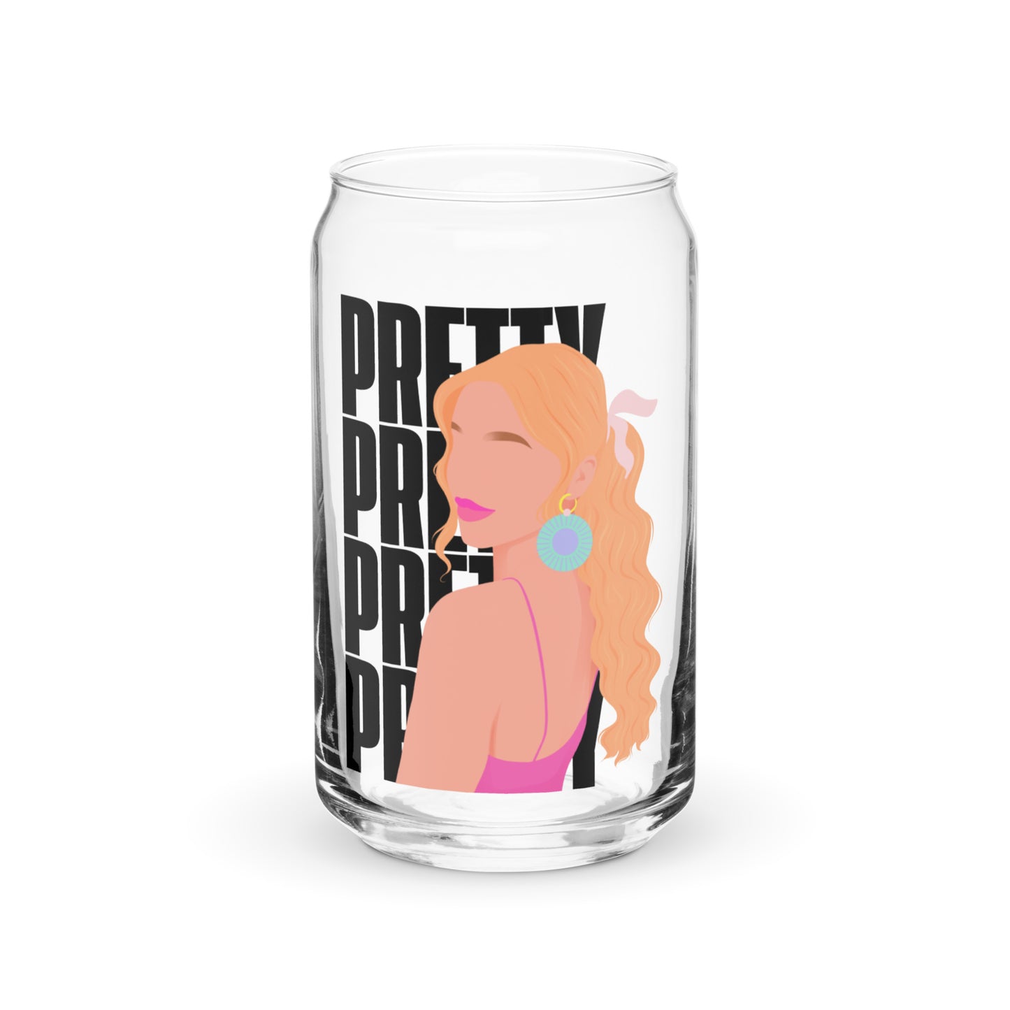 Pretty Girl Energy glass cup with bold, playful lettering on clear 16 oz glass—styled for iced coffee, mocktails, or cocktails, adding fun and confidence to your drinkware collection.