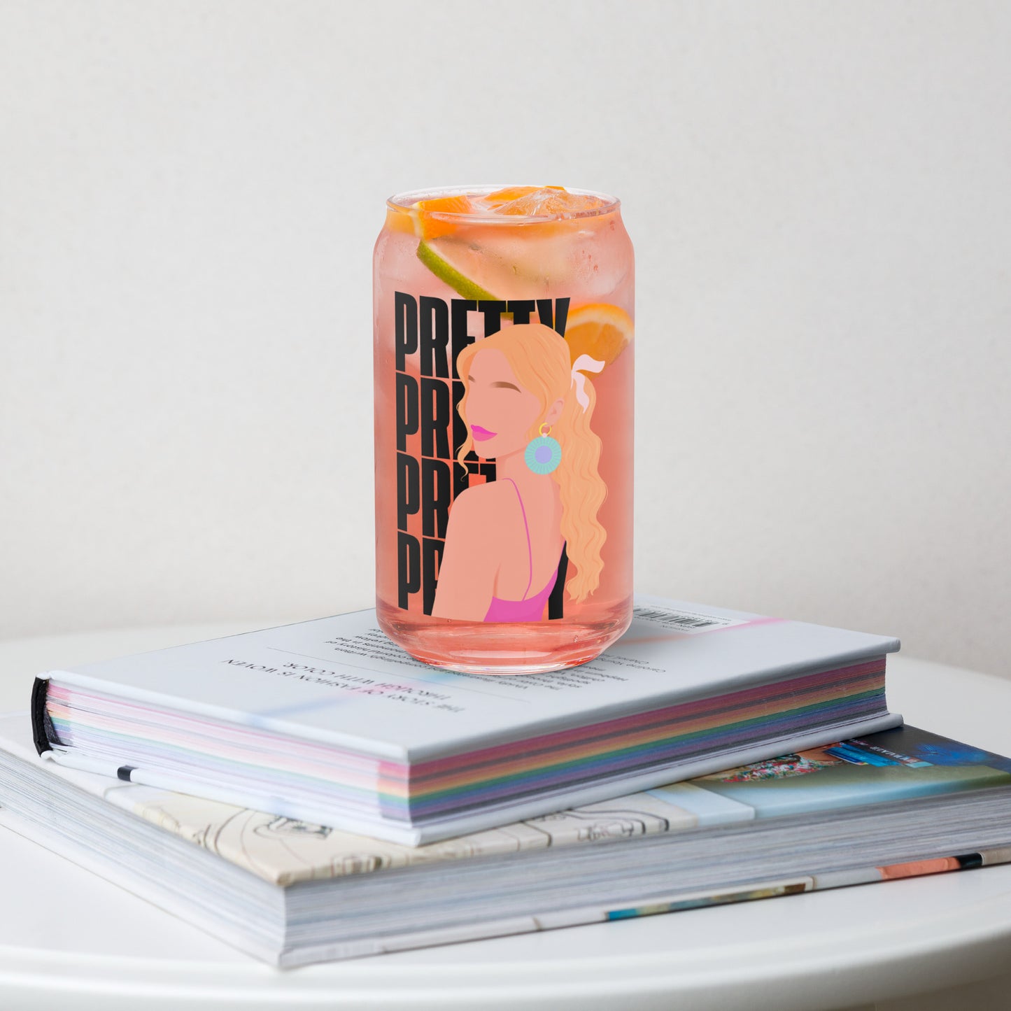 Pretty Girl Energy glass cup with bold, playful lettering on clear 16 oz glass—styled for iced coffee, mocktails, or cocktails, adding fun and confidence to your drinkware collection.