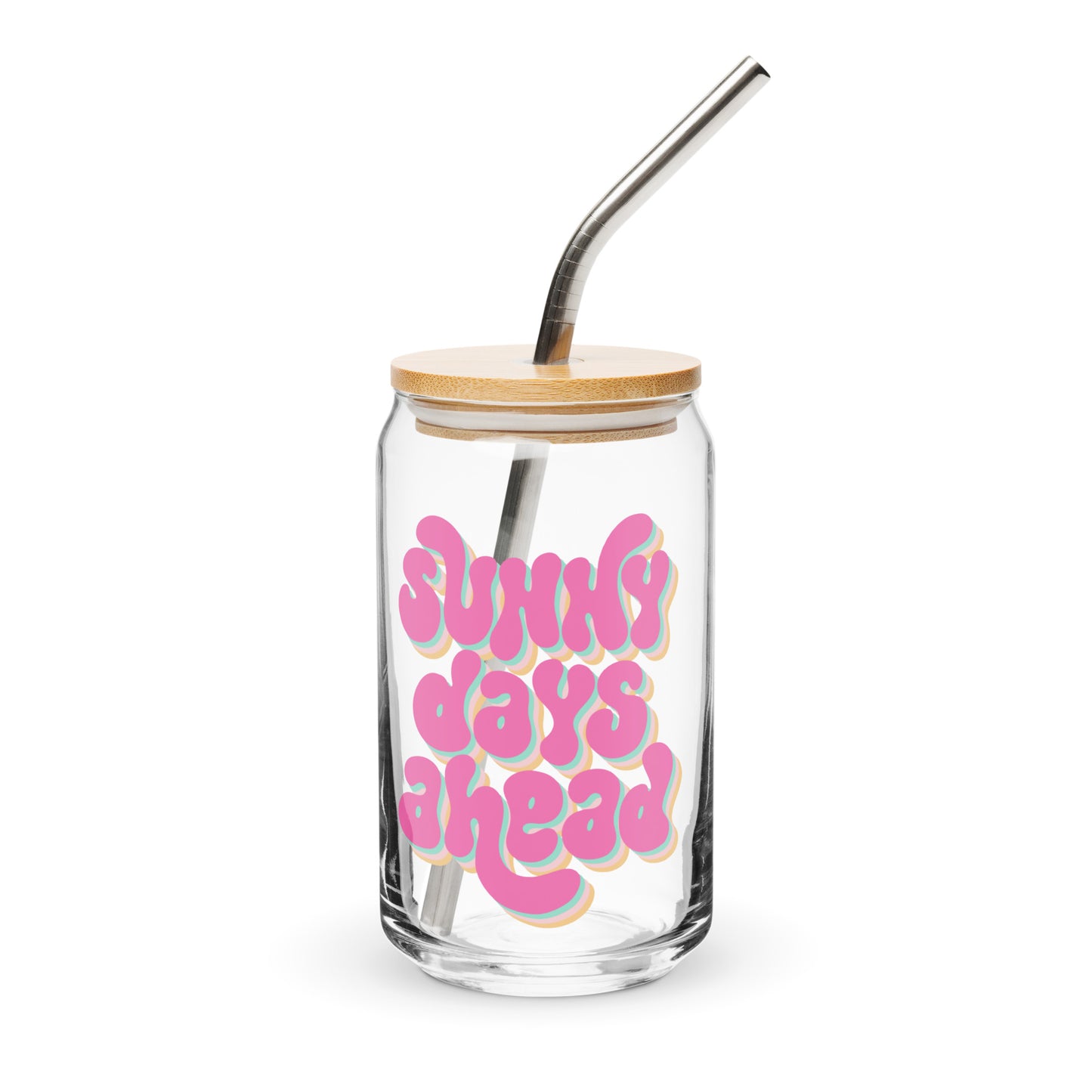 Sunny Days Ahead glass cup with bright lettering on a clear 16 oz glass, perfect for iced coffee, mocktails, or cold drinks. This cheerful and uplifting drinkware adds a sunny, feel-good vibe to your everyday sipping routine.