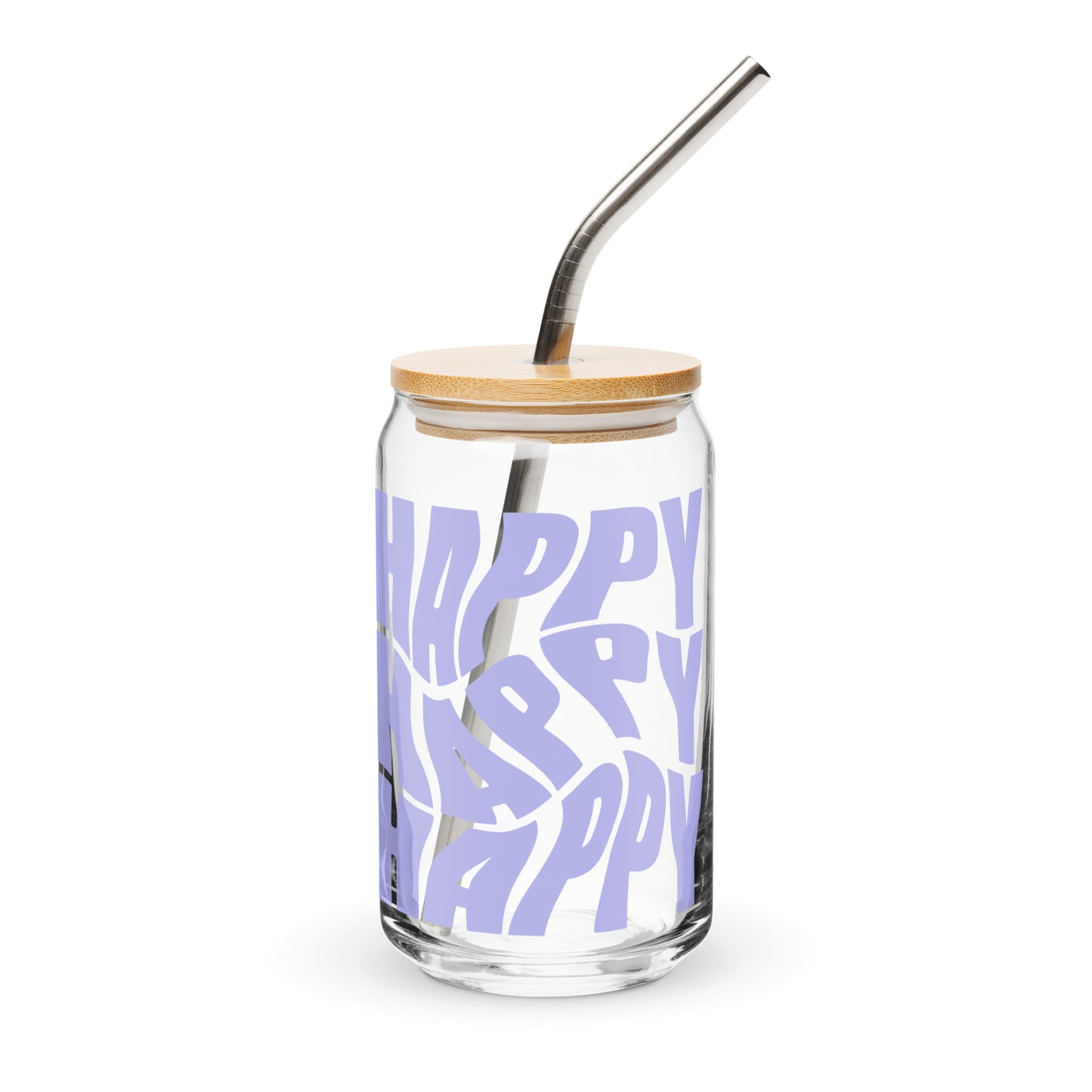 Happy Happy Happy glass cup with bold purple lettering on a clear 16 oz glass, perfect for iced coffee, mocktails, or cold drinks, adding a fun and cheerful touch to any drinkware collection.
