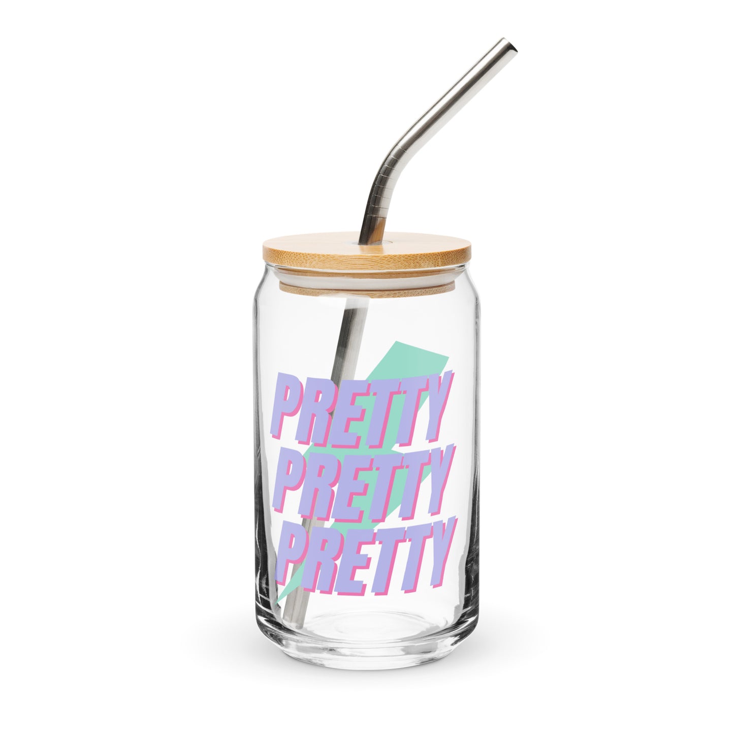 Pretty Pretty Pretty glass cup with playful pink lettering on clear glass, styled for iced coffee, mocktails, or cold beverages—perfect for cheerful, aesthetic drinkware lovers.