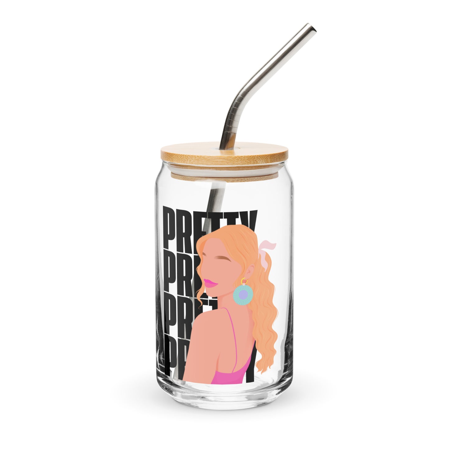 Pretty Girl Energy glass cup with bold, playful lettering on clear 16 oz glass—styled for iced coffee, mocktails, or cocktails, adding fun and confidence to your drinkware collection.