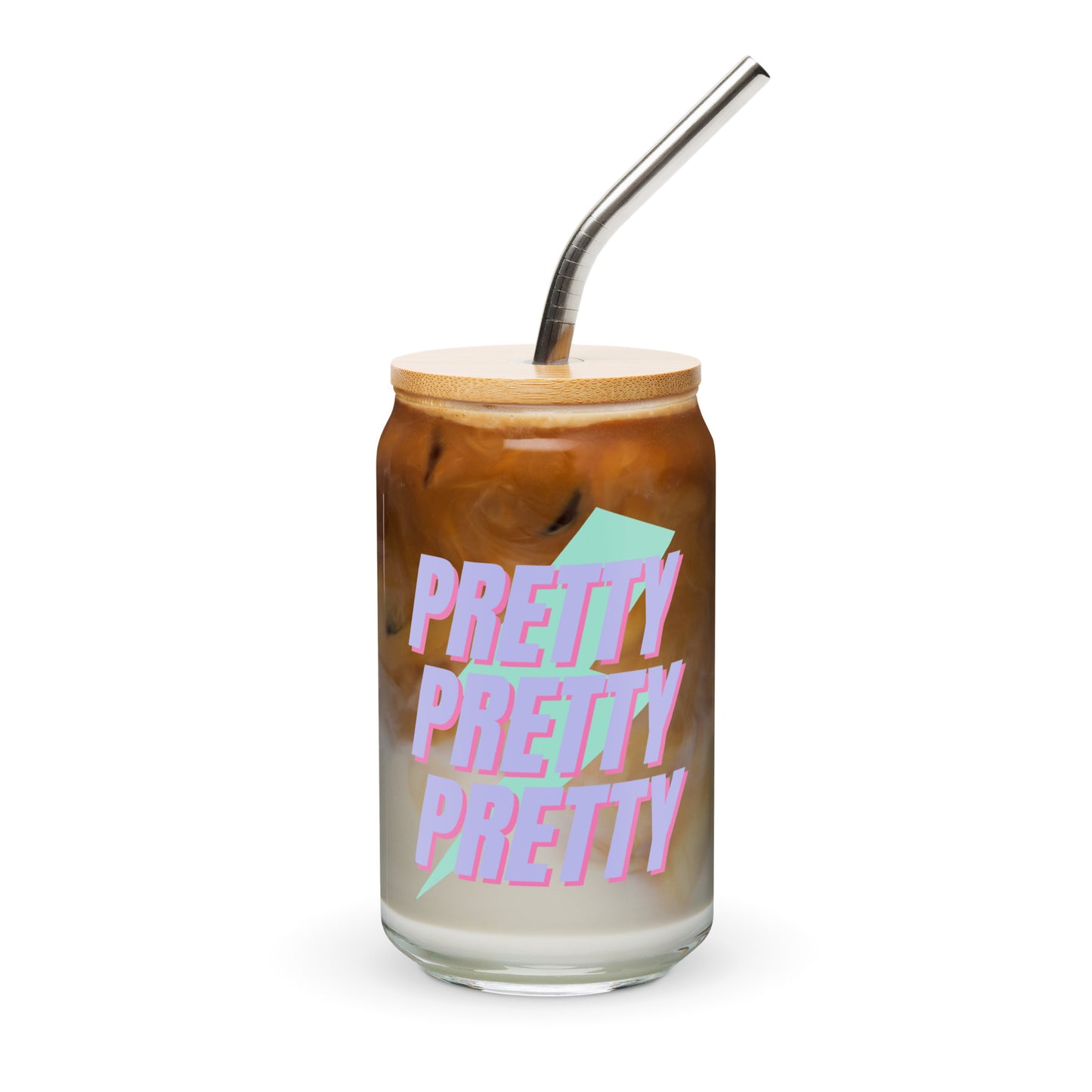 Pretty Pretty Pretty glass cup with playful pink lettering on clear glass, styled for iced coffee, mocktails, or cold beverages—perfect for cheerful, aesthetic drinkware lovers.