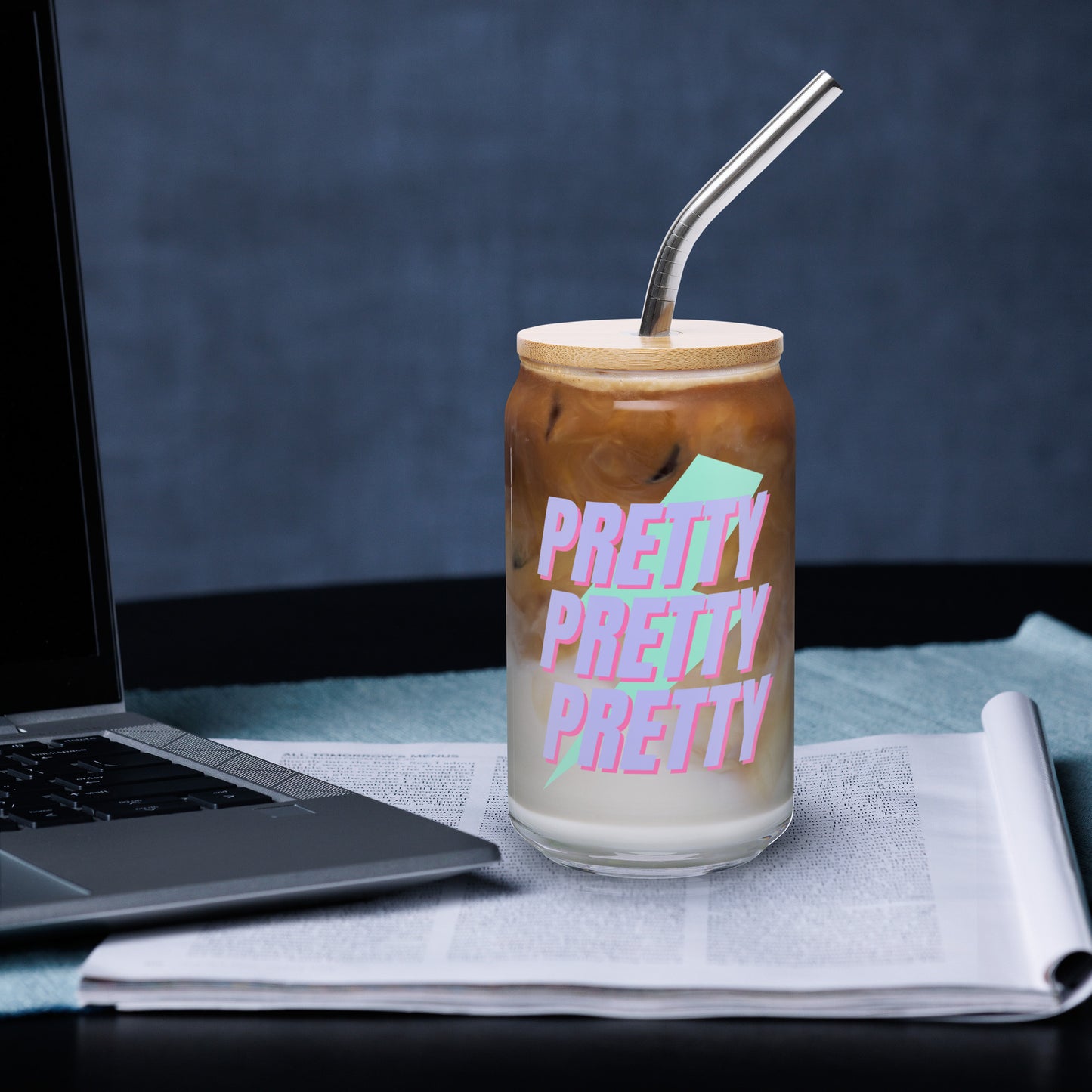 Pretty Pretty Pretty glass cup with playful pink lettering on clear glass, styled for iced coffee, mocktails, or cold beverages—perfect for cheerful, aesthetic drinkware lovers.
