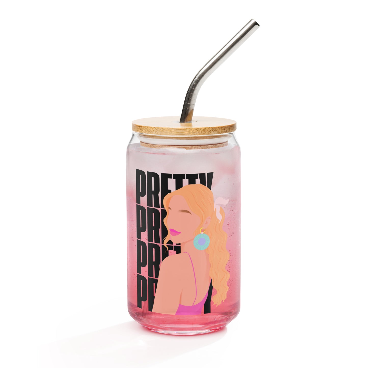 Pretty Girl Energy glass cup with bold, playful lettering on clear 16 oz glass—styled for iced coffee, mocktails, or cocktails, adding fun and confidence to your drinkware collection.
