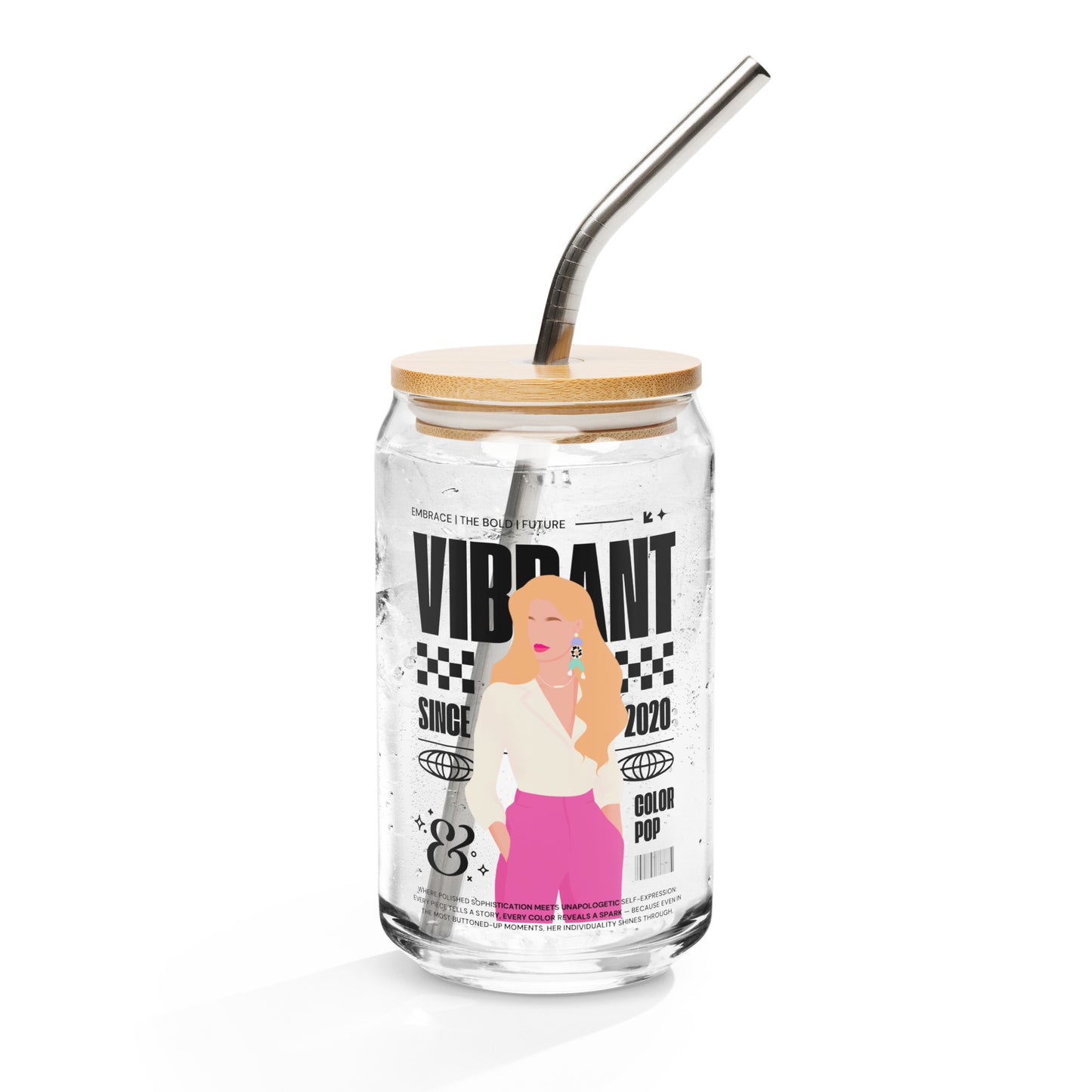 Vibrant Girl Energy glass cup featuring colorful, bold lettering on a 16 oz clear glass—perfect for iced coffee, mocktails, or sparkling drinks, designed to bring confident energy to your everyday routine.