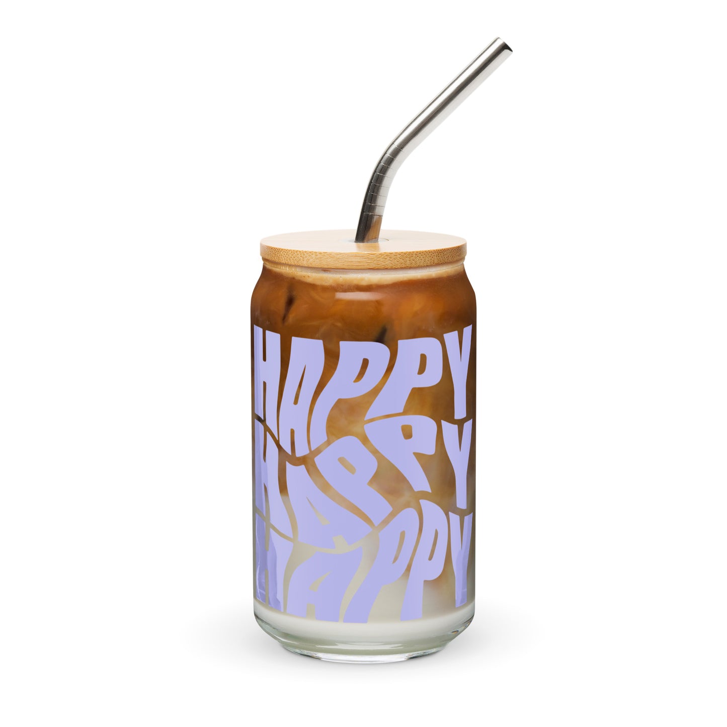 Happy Happy Happy glass cup with bold purple lettering on a clear 16 oz glass, perfect for iced coffee, mocktails, or cold drinks, adding a fun and cheerful touch to any drinkware collection.