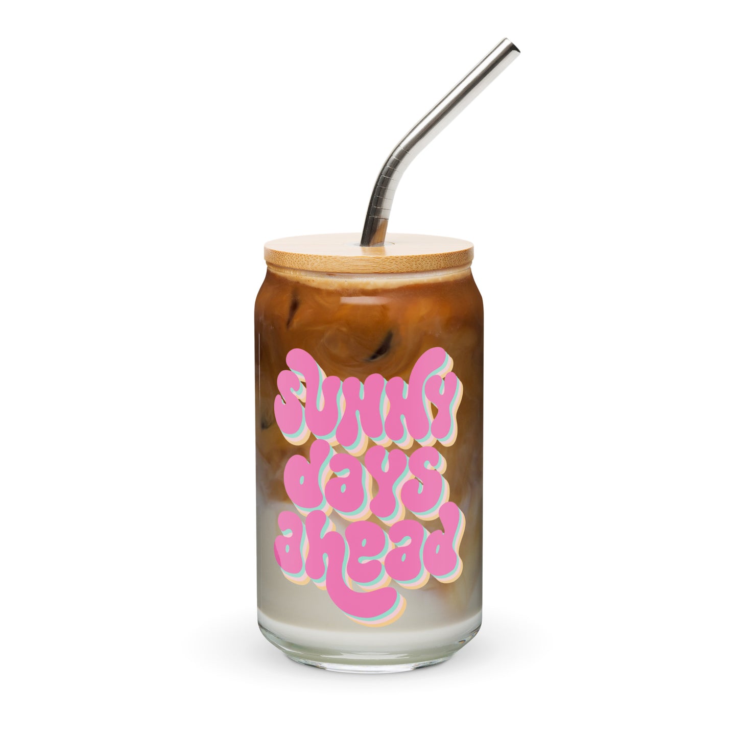 Sunny Days Ahead glass cup with bright lettering on a clear 16 oz glass, perfect for iced coffee, mocktails, or cold drinks. This cheerful and uplifting drinkware adds a sunny, feel-good vibe to your everyday sipping routine.