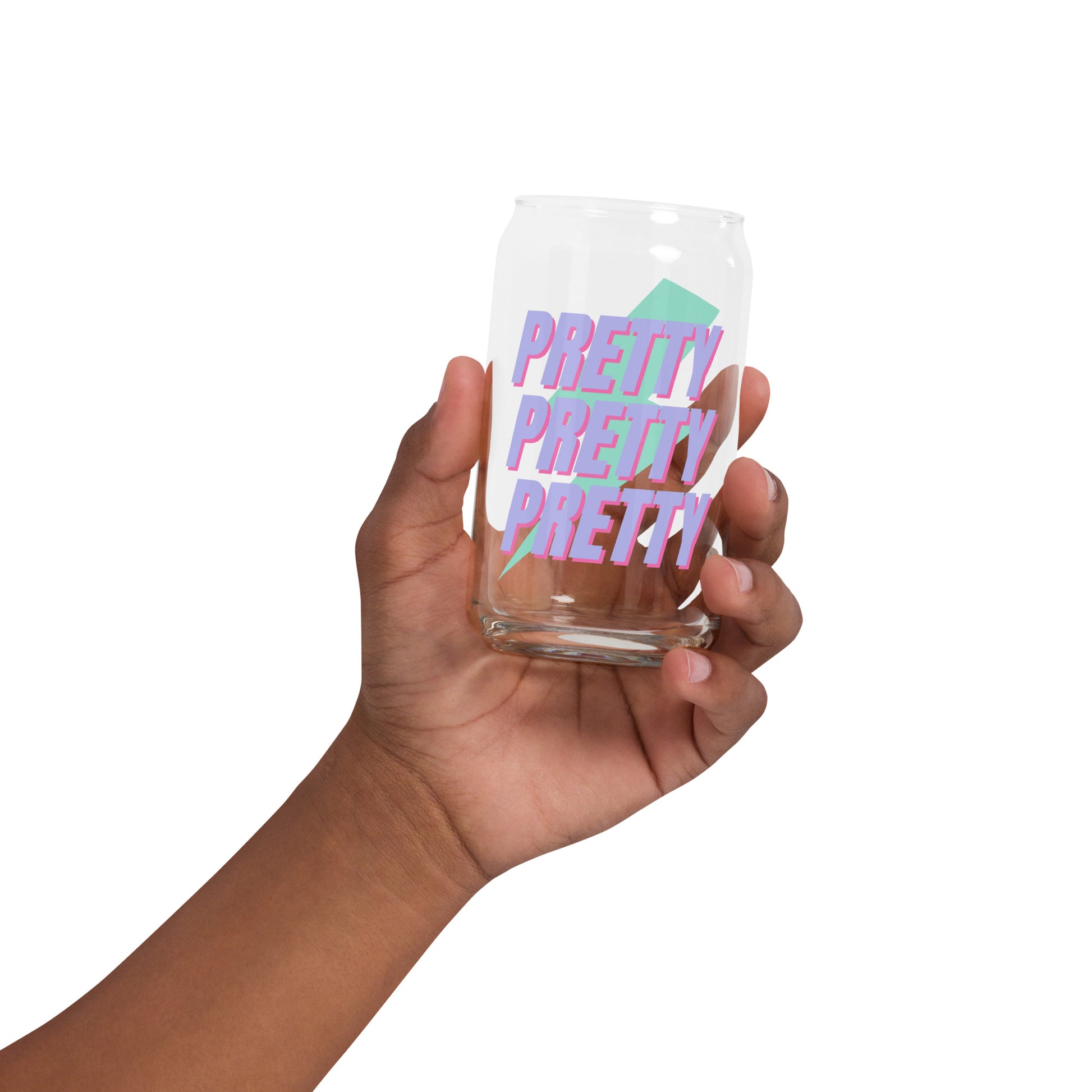 Pretty Pretty Pretty glass cup with playful pink lettering on clear glass, styled for iced coffee, mocktails, or cold beverages—perfect for cheerful, aesthetic drinkware lovers.