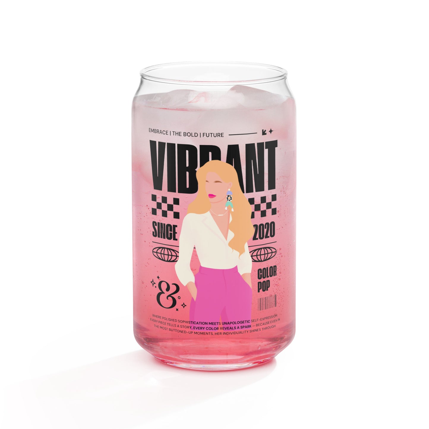 Vibrant Girl Energy glass cup featuring colorful, bold lettering on a 16 oz clear glass—perfect for iced coffee, mocktails, or sparkling drinks, designed to bring confident energy to your everyday routine.
