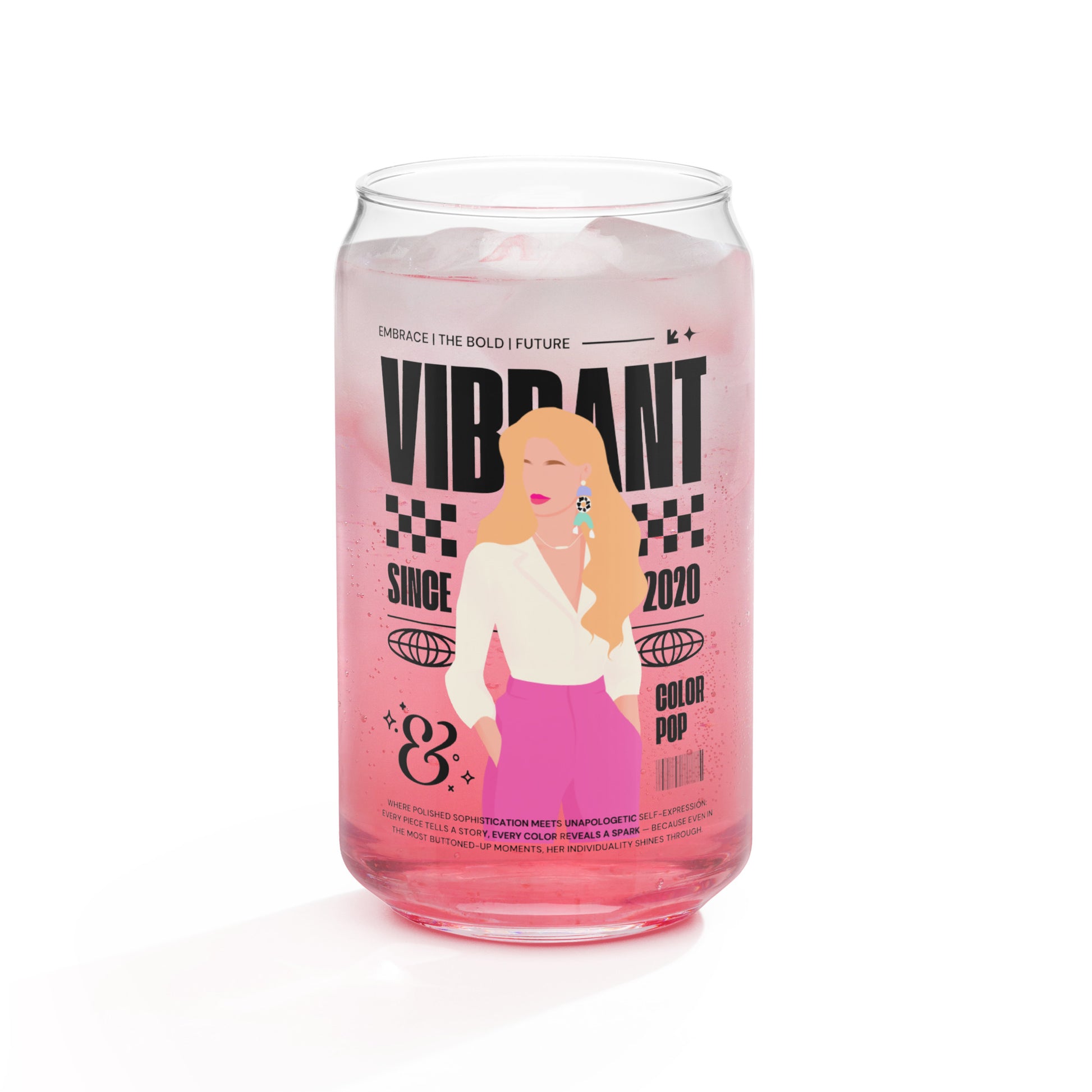 Vibrant Girl Energy glass cup featuring colorful, bold lettering on a 16 oz clear glass—perfect for iced coffee, mocktails, or sparkling drinks, designed to bring confident energy to your everyday routine.