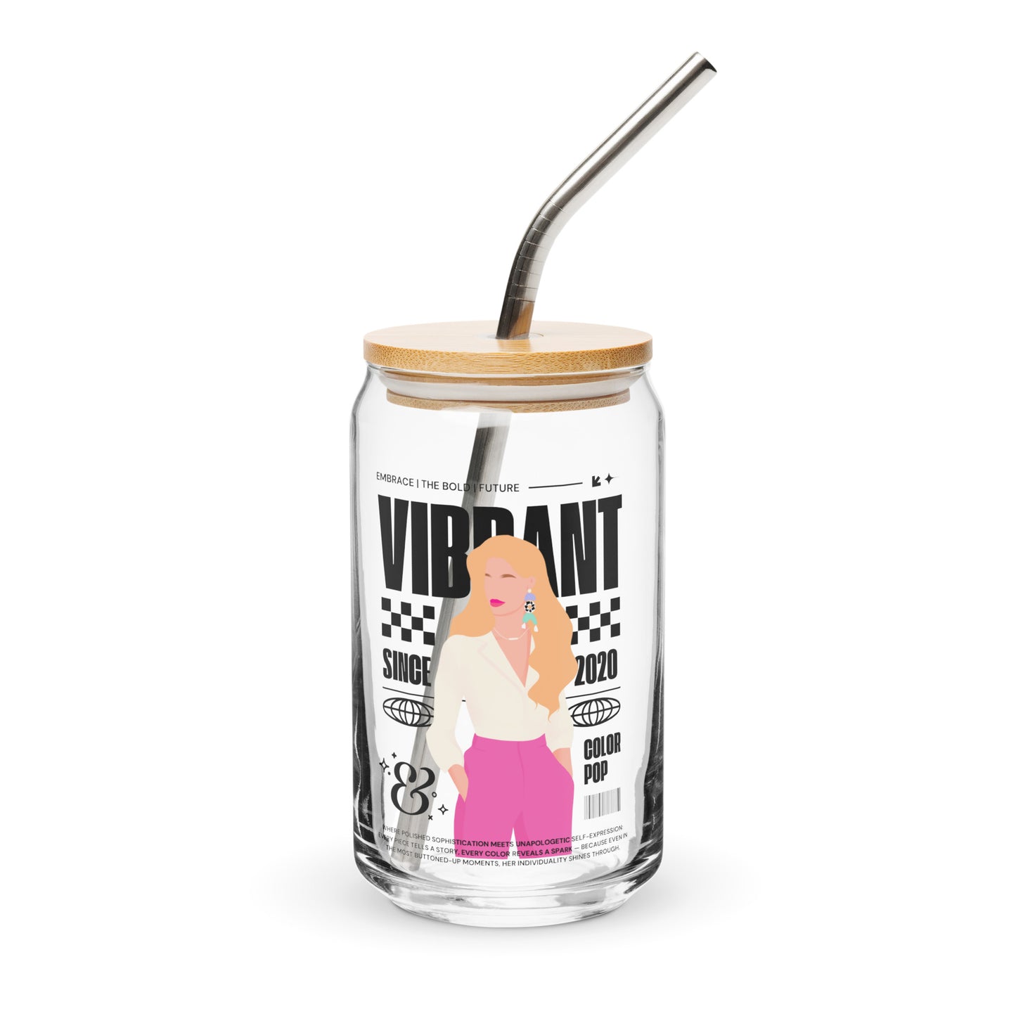 Vibrant Girl Energy glass cup featuring colorful, bold lettering on a 16 oz clear glass—perfect for iced coffee, mocktails, or sparkling drinks, designed to bring confident energy to your everyday routine.