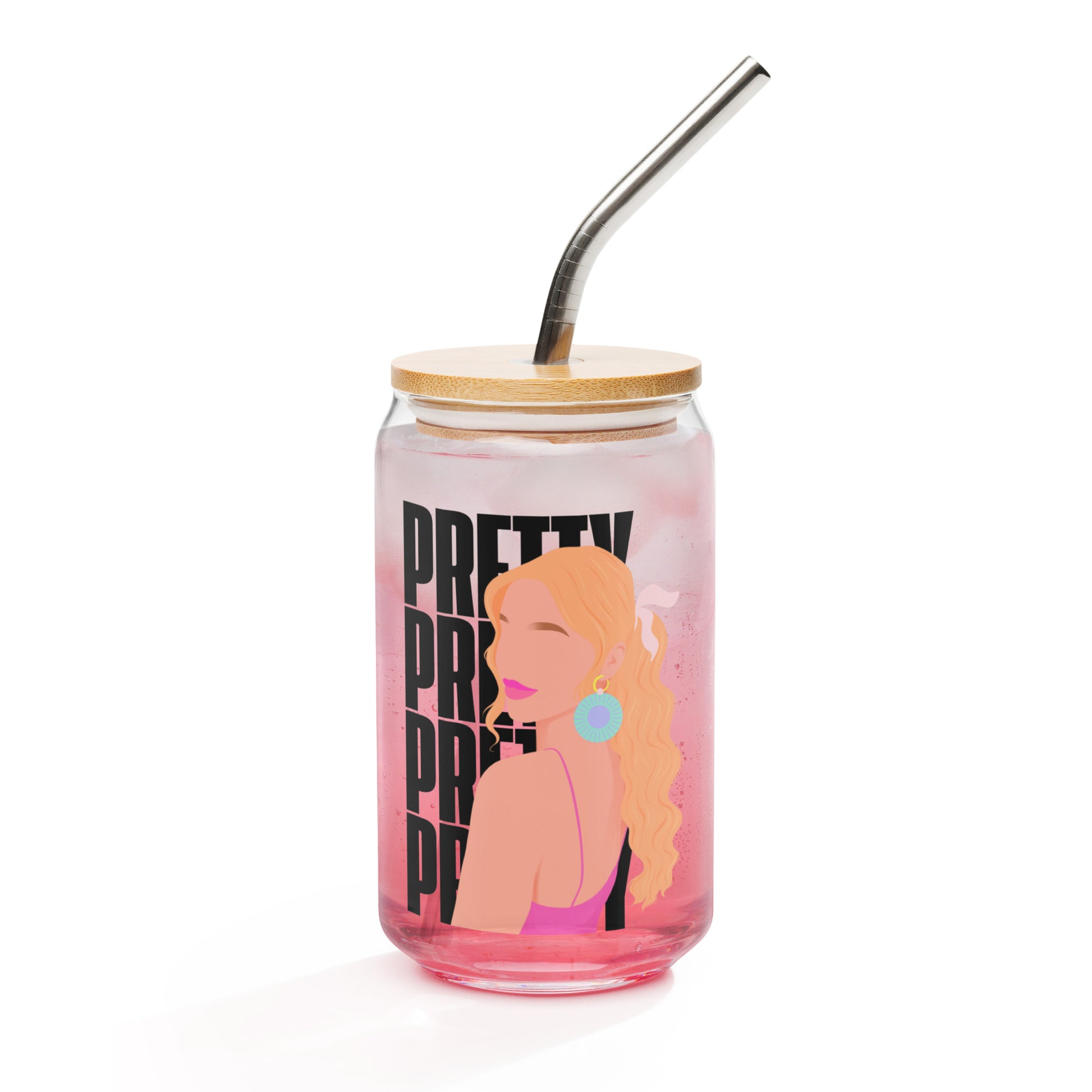 Pretty Girl Energy glass cup with bold, playful lettering on clear 16 oz glass—styled for iced coffee, mocktails, or cocktails, adding fun and confidence to your drinkware collection.